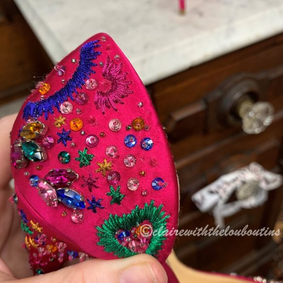 Louboutin Artifice 120 Fuchsia Satin Embellished Pumps size 39 - Picture 8 of 9